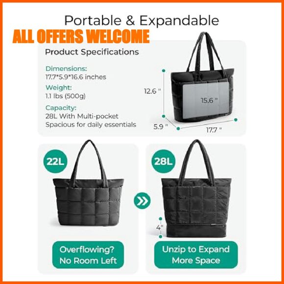 Expandable Quilted Tote Bag, Puffer Work Handbag, Travel Gym Carry On - Picture 3 of 8